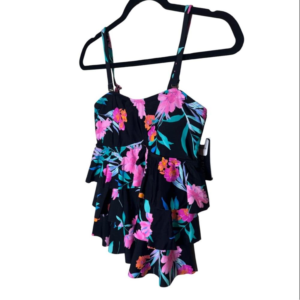 ISLAND ESCAPE Ruffled Layers w/Straps Tankini Top Size 8 Black Floral Size 8 - Picture 4 of 5